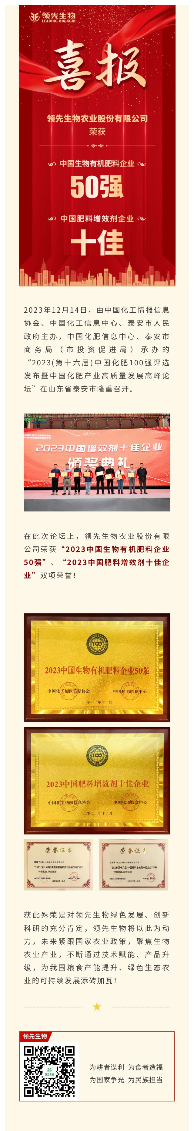 實(shí)力上榜 | 領(lǐng)先生物榮獲2023中國生物有機(jī)肥料企業(yè)50強(qiáng)！中國肥料增效劑十佳企業(yè)！